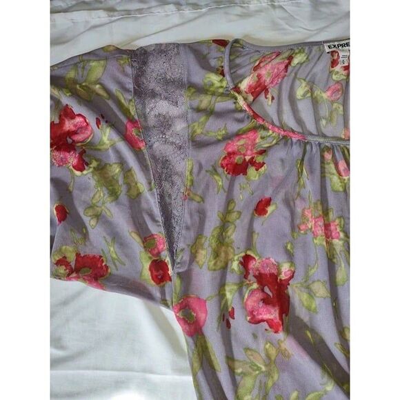 5/$25 Sz Med Express Sheer & Lace Mesh Top Floral Puff Sleeves Pinks Purple - Picture 6 of 11